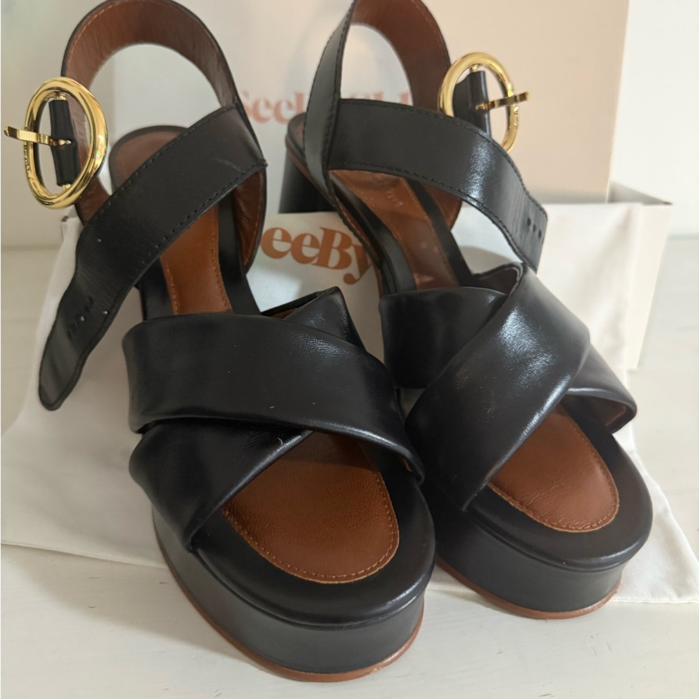 SEE BY CHLOE LYNA Black Leather Platform Sandals